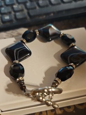 Silvertone Black Swirled Triangle Toggle Clasp Bracelet